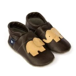 Krabbelschuhe / Lederpuschen Mit Elefant In Dunkelbraun / Apricot