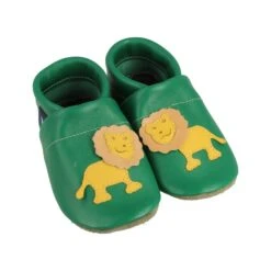 Krabbelschuhe / Lederpuschen Mit Löwe In Grün / Gelb
