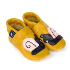 Krabbelschuhe / Lederpuschen Mit Schnecke In Gelb / Dunkelbraun