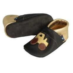 Krabbelschuhe / Lederpuschen Mit Traktor In Schwarz / Gold -Babyartikelgeschäft pantau its a small world krabbelschuhe lederpuschen mit traktor in schwarz gold 2