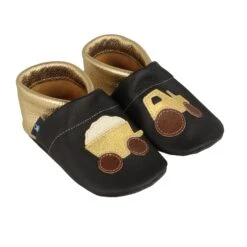Krabbelschuhe / Lederpuschen Mit Traktor In Schwarz / Gold