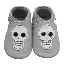 Leder-Krabbelschuhe "Totenkopf" In Hellgrau